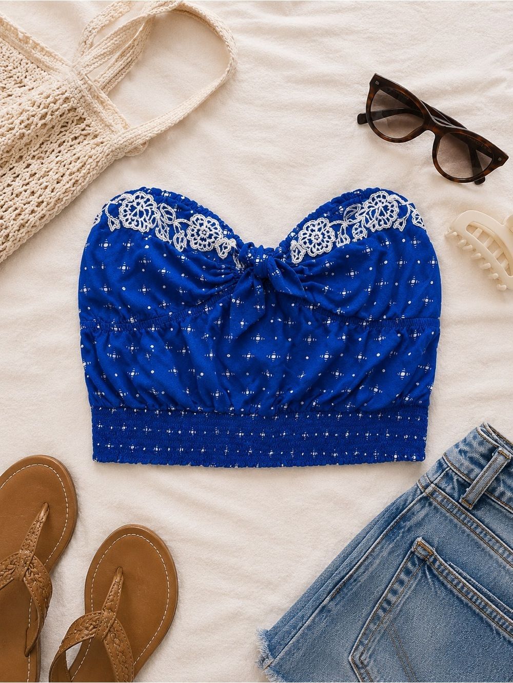 Hollister Blue Smocked Crop Tube Top Large Embroidered Strapless Y2K